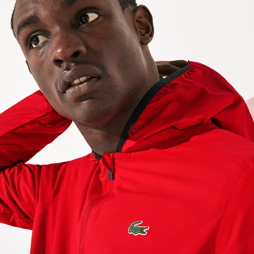 Mens   SPORT Water-Resistant Foldable Hooded Zip Jacket | Lacoste Red / Black • G64