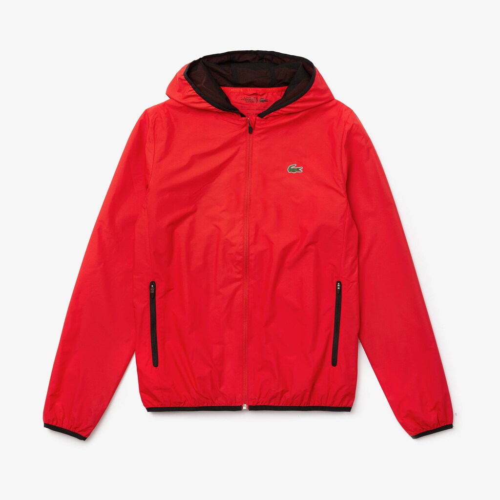 Mens   SPORT Water-Resistant Foldable Hooded Zip Jacket | Lacoste Red / Black • G64