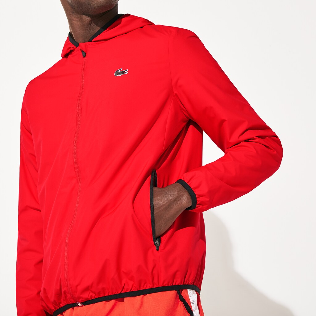 Mens   SPORT Water-Resistant Foldable Hooded Zip Jacket | Lacoste Red / Black • G64