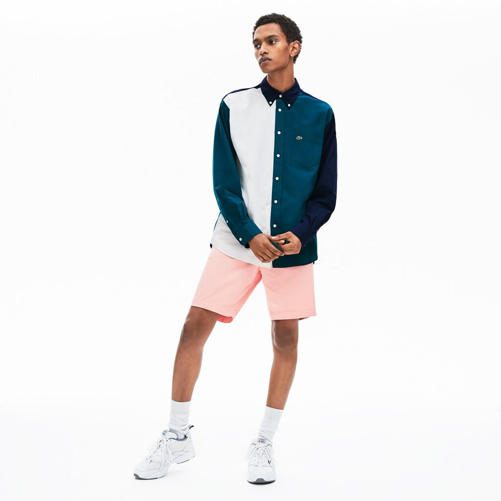 Mens   Color-Block Cotton Shirt | Lacoste Navy Blue / Green / White • X1D