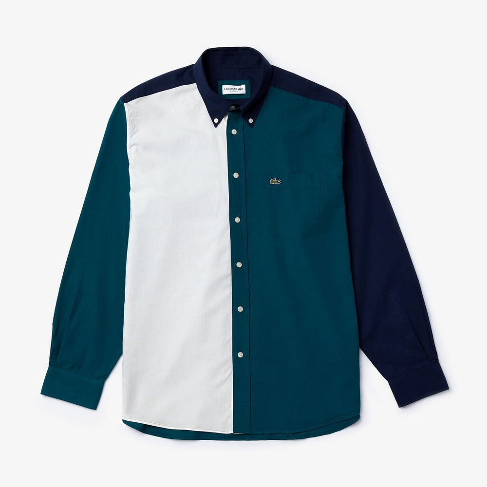 Mens   Color-Block Cotton Shirt | Lacoste Navy Blue / Green / White • X1D