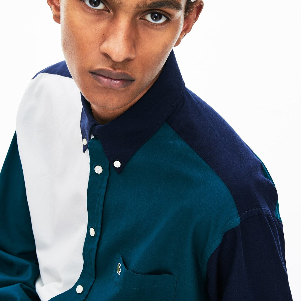 Mens   Color-Block Cotton Shirt | Lacoste Navy Blue / Green / White • X1D