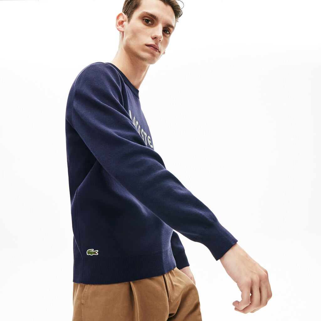 Mens   Lettering Print Cotton Heritage Sweater | Lacoste Navy Blue / Green • M35