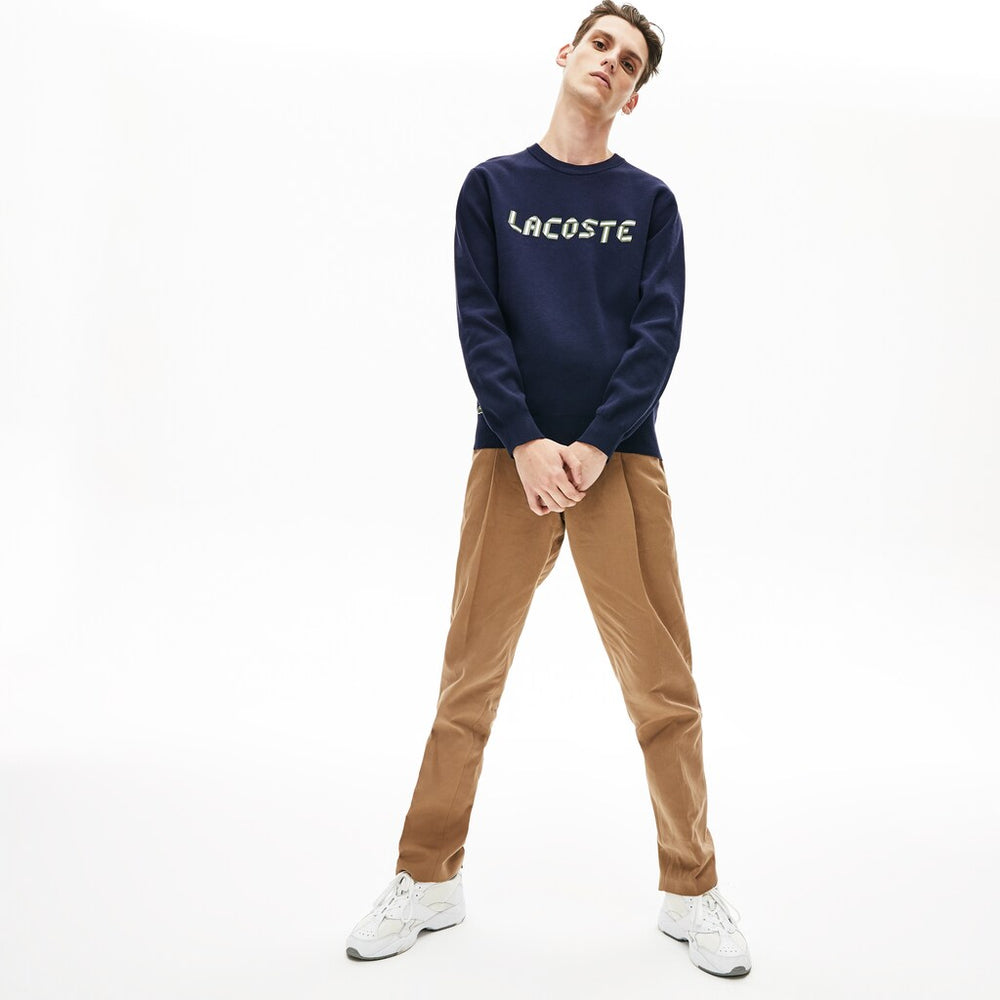 Mens   Lettering Print Cotton Heritage Sweater | Lacoste Navy Blue / Green • M35