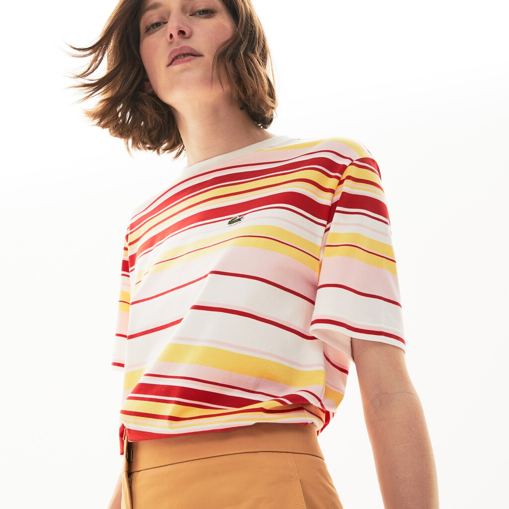 Womens Wo  Crew Neck Striped Cotton T-shirt | Lacoste White / Red / Light Pink / Yellow • Kez