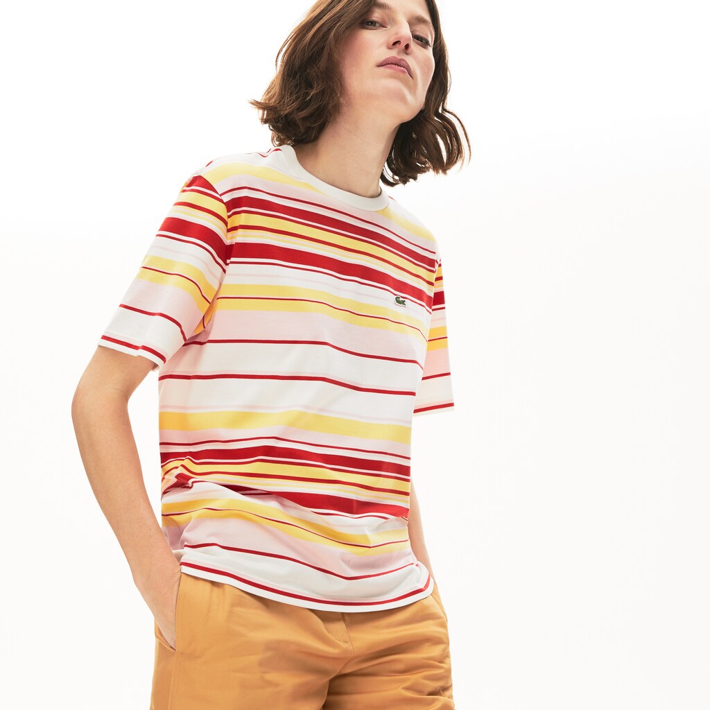 Womens Wo  Crew Neck Striped Cotton T-shirt | Lacoste White / Red / Light Pink / Yellow • Kez