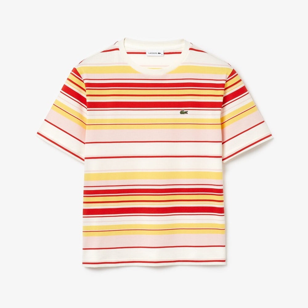 Womens Wo  Crew Neck Striped Cotton T-shirt | Lacoste White / Red / Light Pink / Yellow • Kez