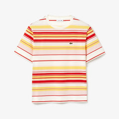 Womens Wo  Crew Neck Striped Cotton T-shirt | Lacoste White / Red / Light Pink / Yellow • Kez