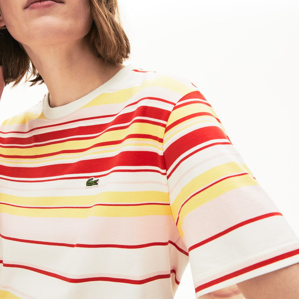 Womens Wo  Crew Neck Striped Cotton T-shirt | Lacoste White / Red / Light Pink / Yellow • Kez
