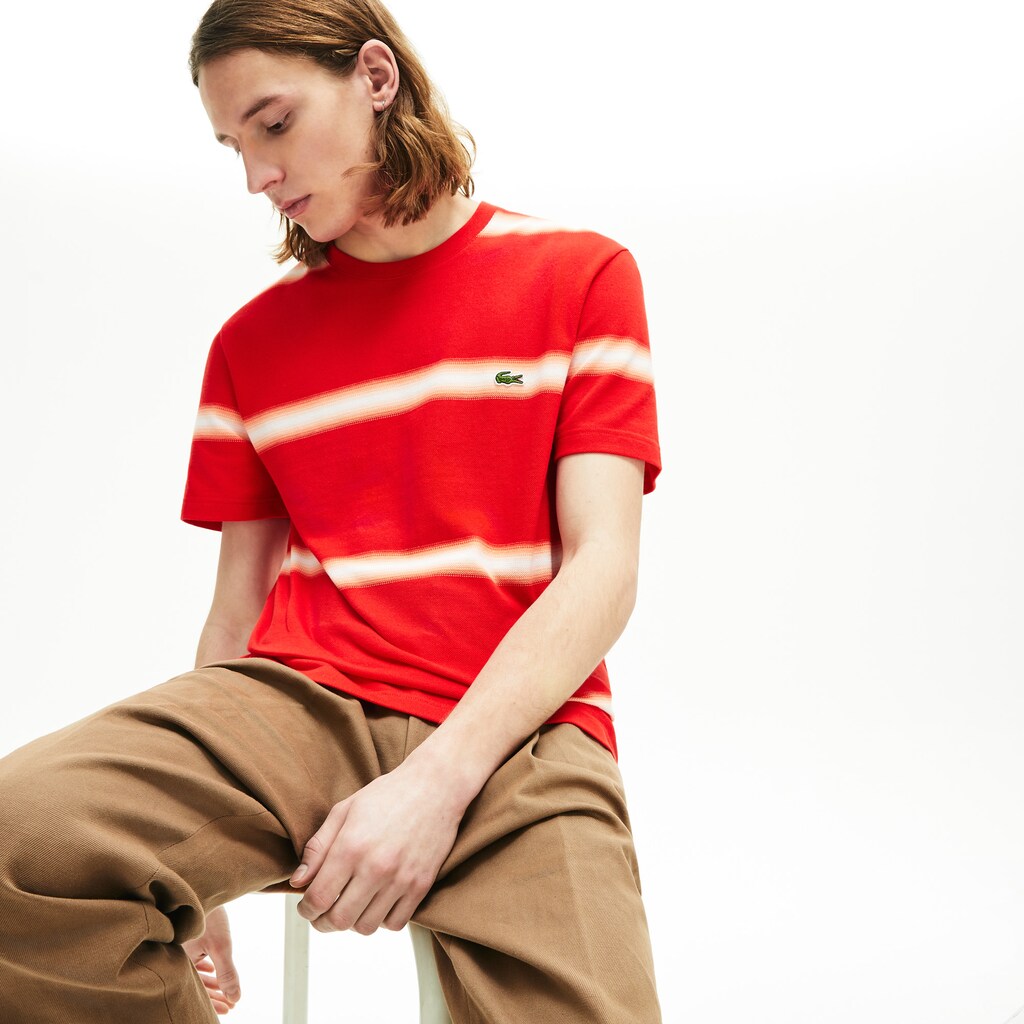 Mens   Made in France Striped Cotton Piqué Crew Neck T-shirt | Lacoste Red / White • 75S