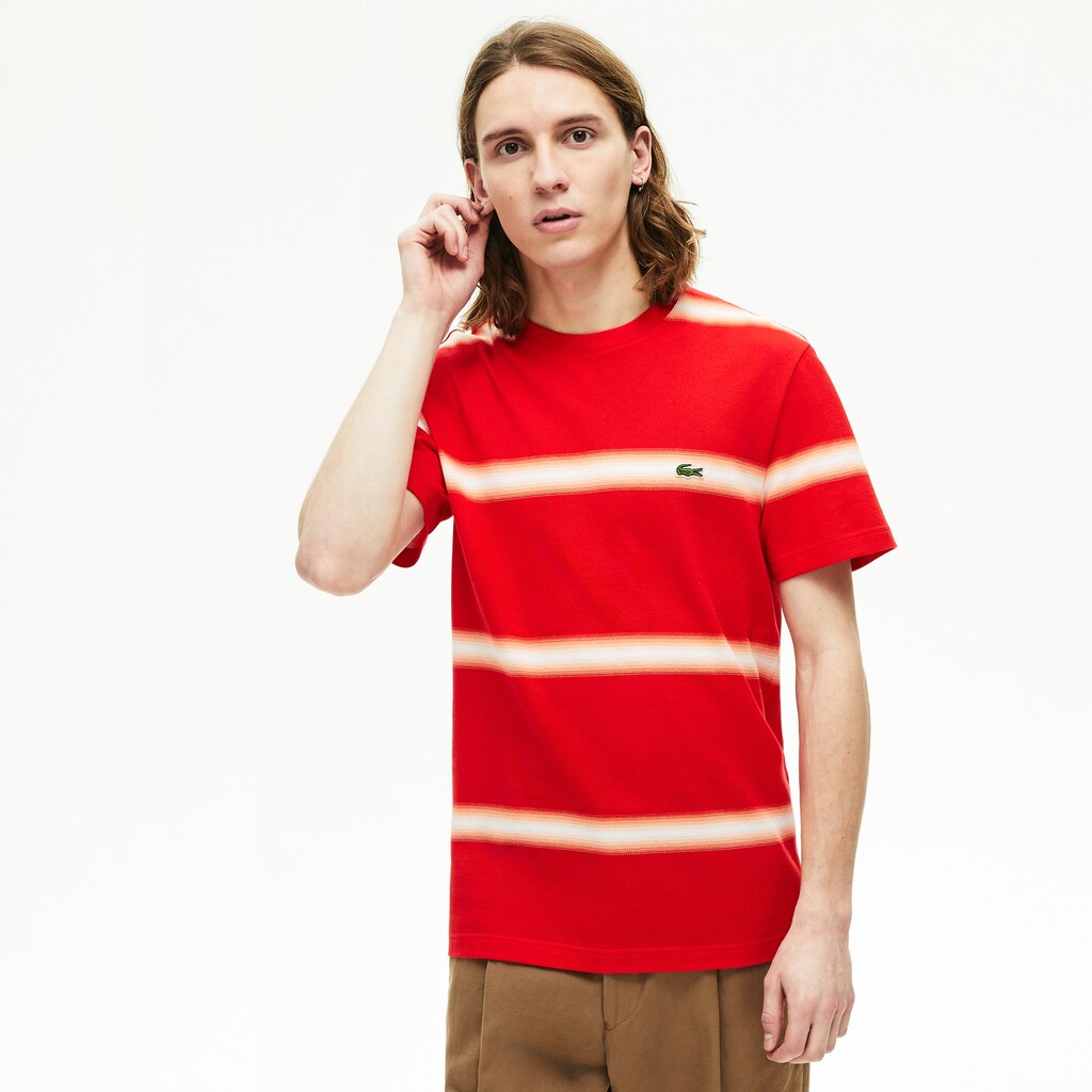 Mens   Made in France Striped Cotton Piqué Crew Neck T-shirt | Lacoste Red / White • 75S