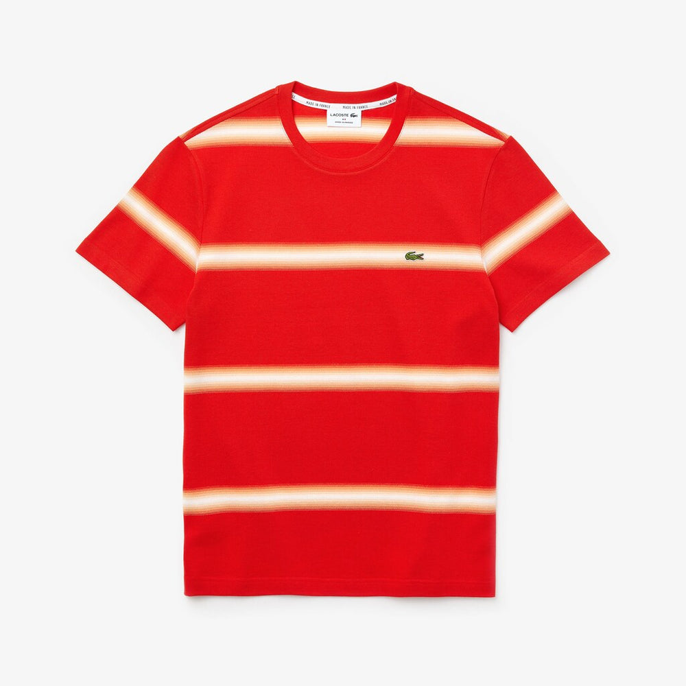 Mens   Made in France Striped Cotton Piqué Crew Neck T-shirt | Lacoste Red / White • 75S