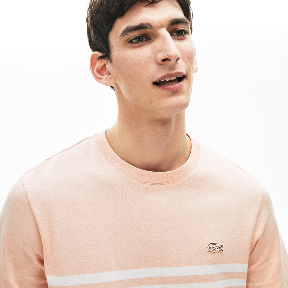 Mens   Cotton-Linen Stripe T-shirt | Lacoste Light Pink / White • Kt3