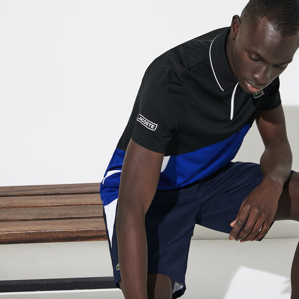 Mens   SPORT Ultra-Dry Piqué Zip Tennis Polo Shirt | Lacoste Black / Blue / White • Rus