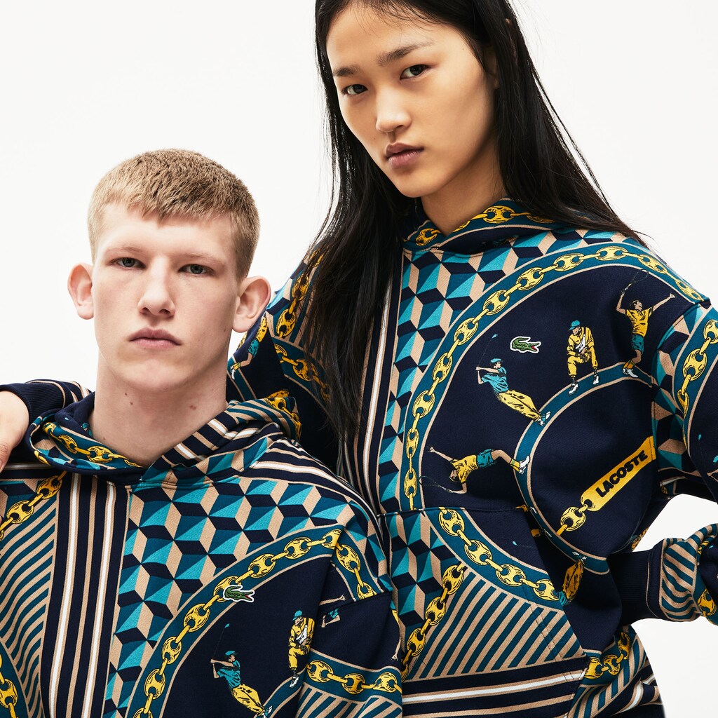 Mens/Womens Unisex LIVE Scarf-Print Hooded Sweatshirt | Lacoste Navy Blue / White • Qrn