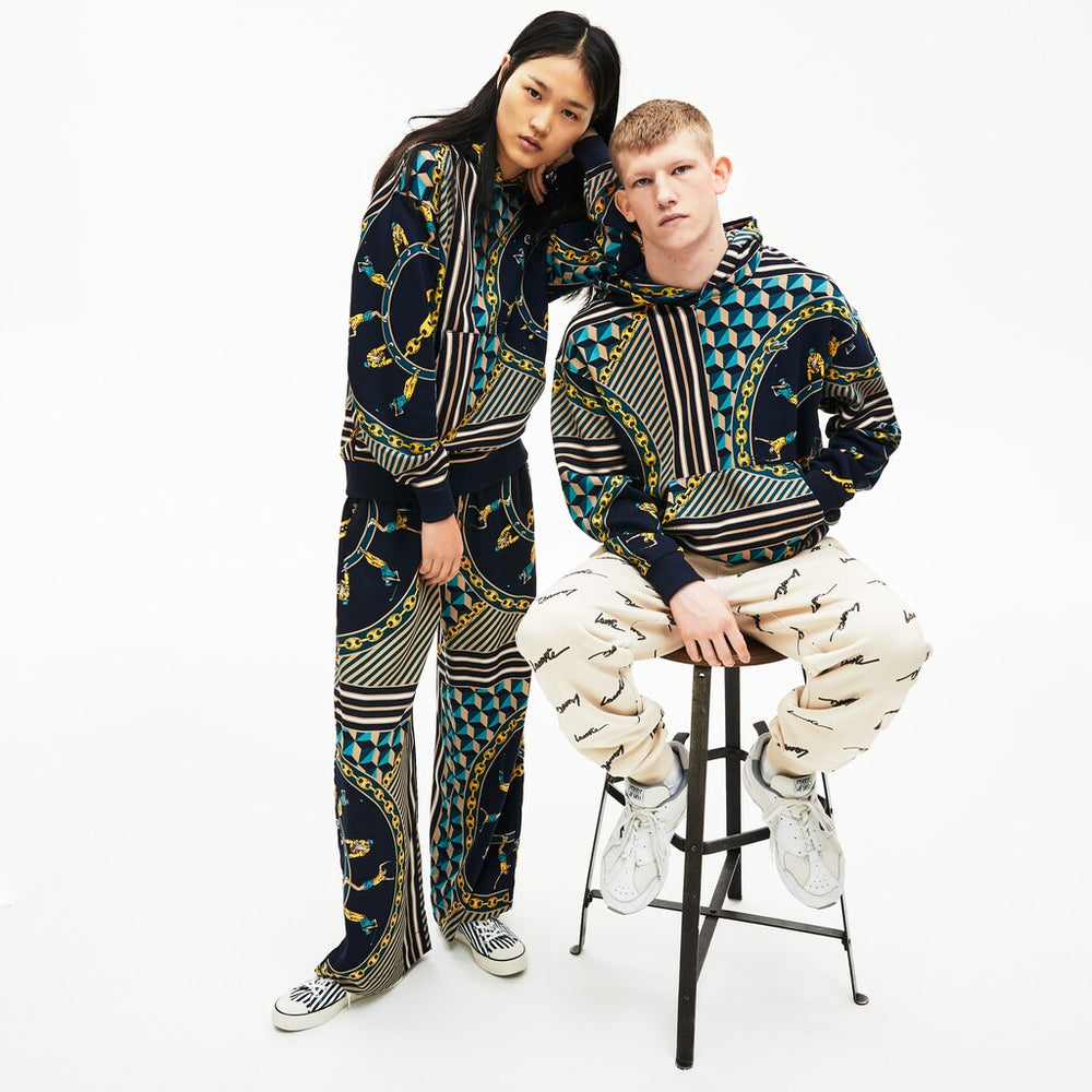 Mens/Womens Unisex LIVE Scarf-Print Hooded Sweatshirt | Lacoste Navy Blue / White • Qrn