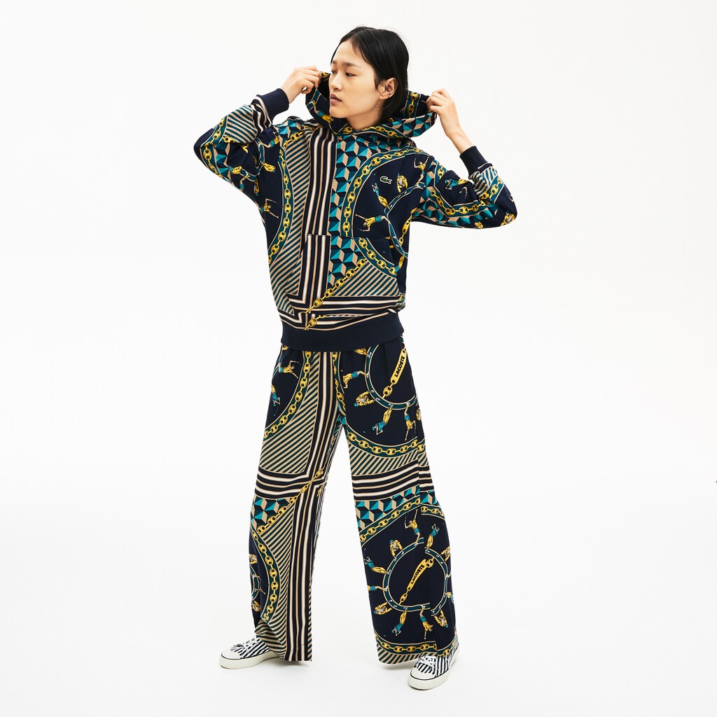 Mens/Womens Unisex LIVE Scarf-Print Hooded Sweatshirt | Lacoste Navy Blue / White • Qrn