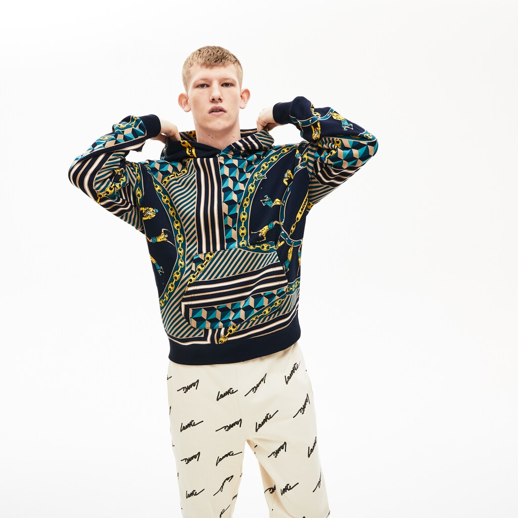 Mens/Womens Unisex LIVE Scarf-Print Hooded Sweatshirt | Lacoste Navy Blue / White • Qrn