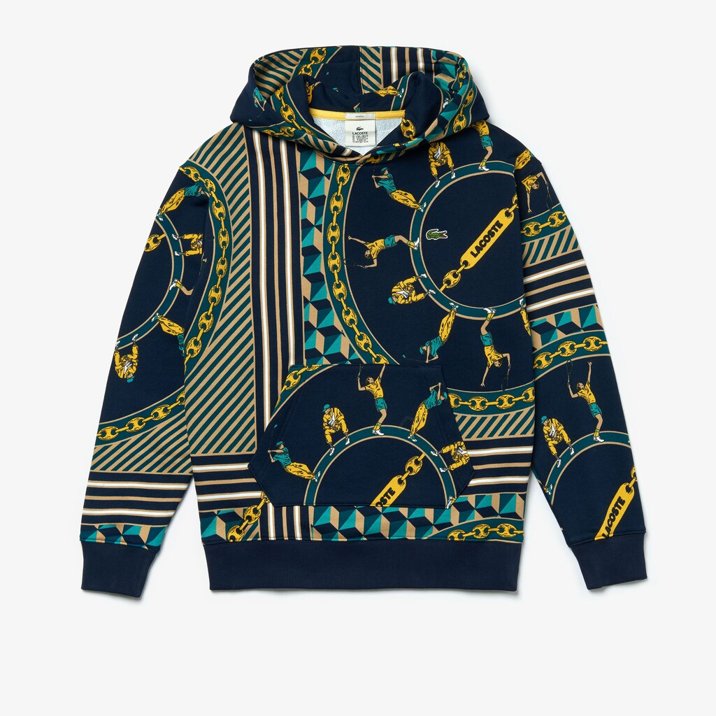 Mens/Womens Unisex LIVE Scarf-Print Hooded Sweatshirt | Lacoste Navy Blue / White • Qrn