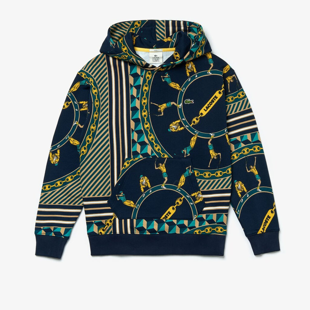 Mens/Womens Unisex LIVE Scarf-Print Hooded Sweatshirt | Lacoste Navy Blue / White • Qrn