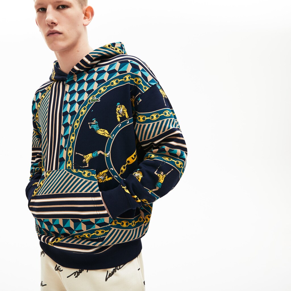 Mens/Womens Unisex LIVE Scarf-Print Hooded Sweatshirt | Lacoste Navy Blue / White • Qrn