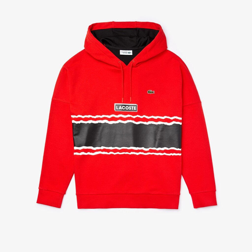 Mens   SPORT Logo and Banded Stripe Hoodie | Lacoste Red / Black / White • Atv