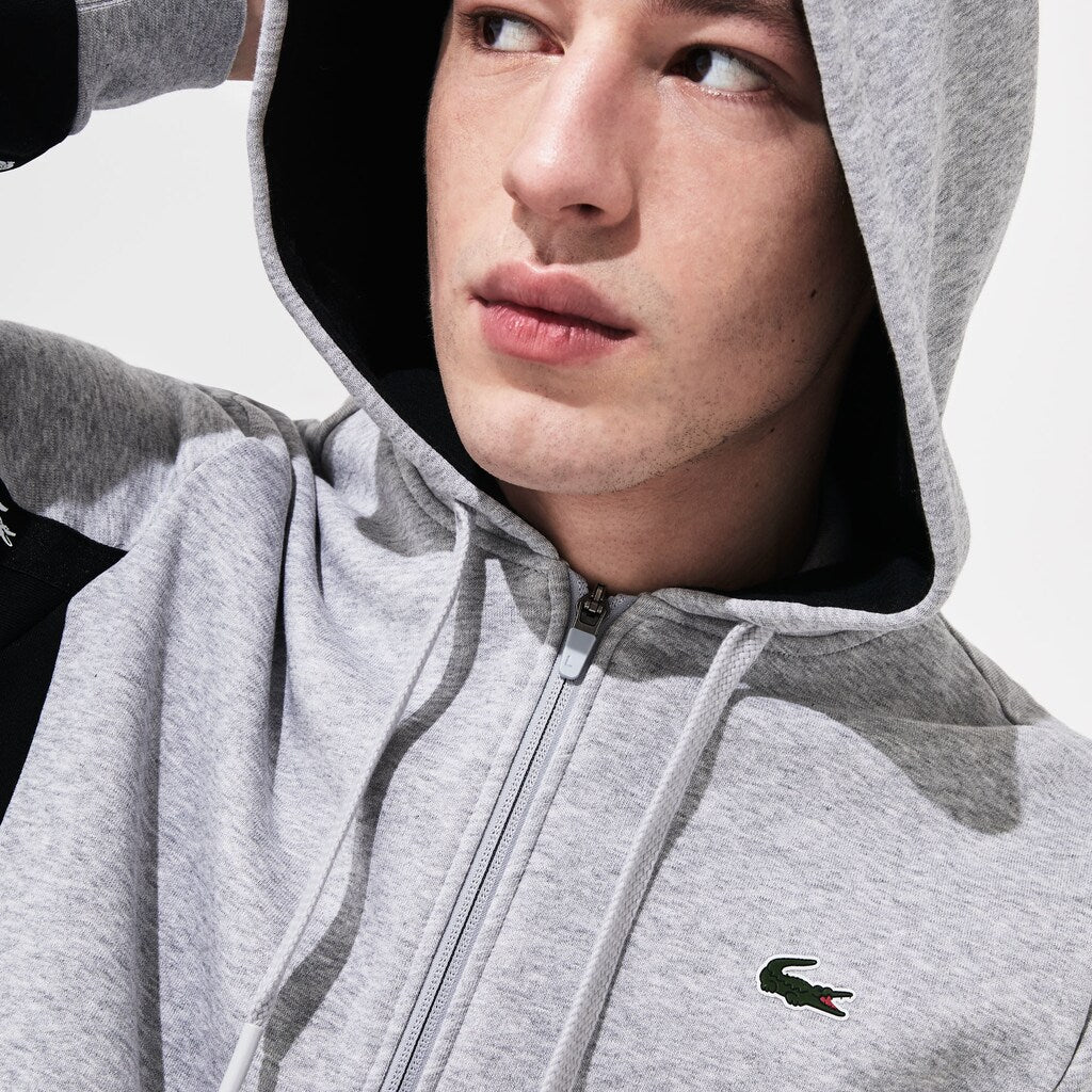 Mens   SPORT Two-Tone Fleece Hoody Sweatshirt | Lacoste Grey Chine / Black • Ly3