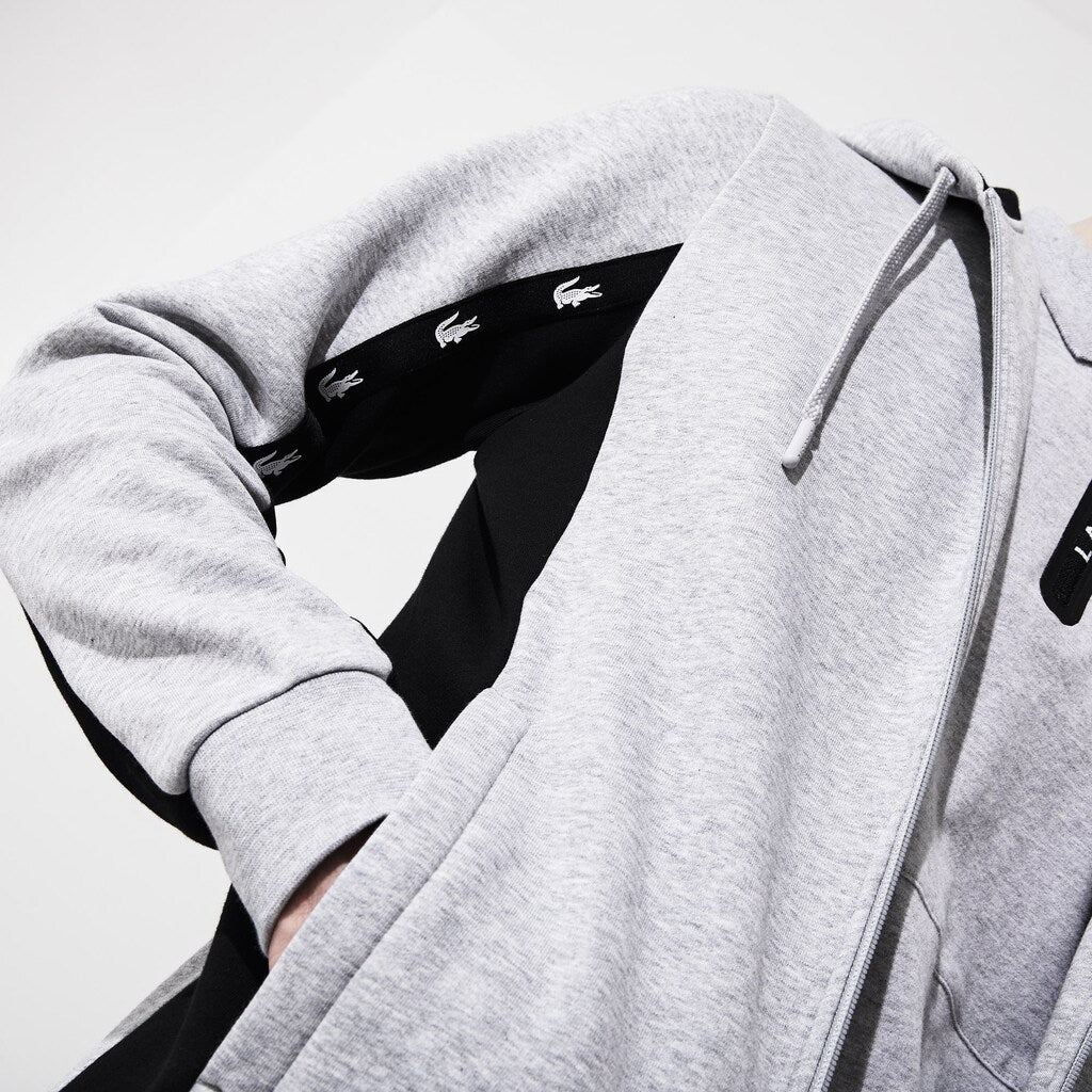 Mens   SPORT Two-Tone Fleece Hoody Sweatshirt | Lacoste Grey Chine / Black • Ly3