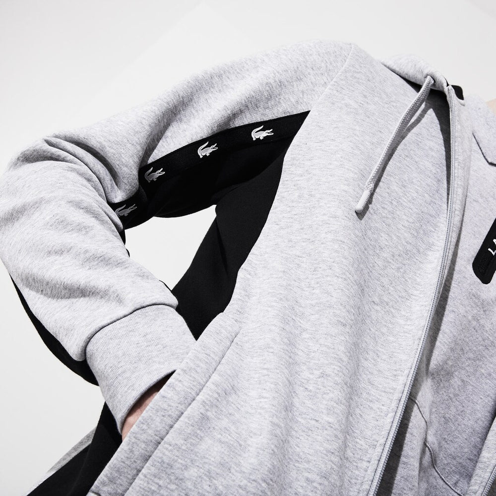 Mens   SPORT Two-Tone Fleece Hoody Sweatshirt | Lacoste Grey Chine / Black • Ly3