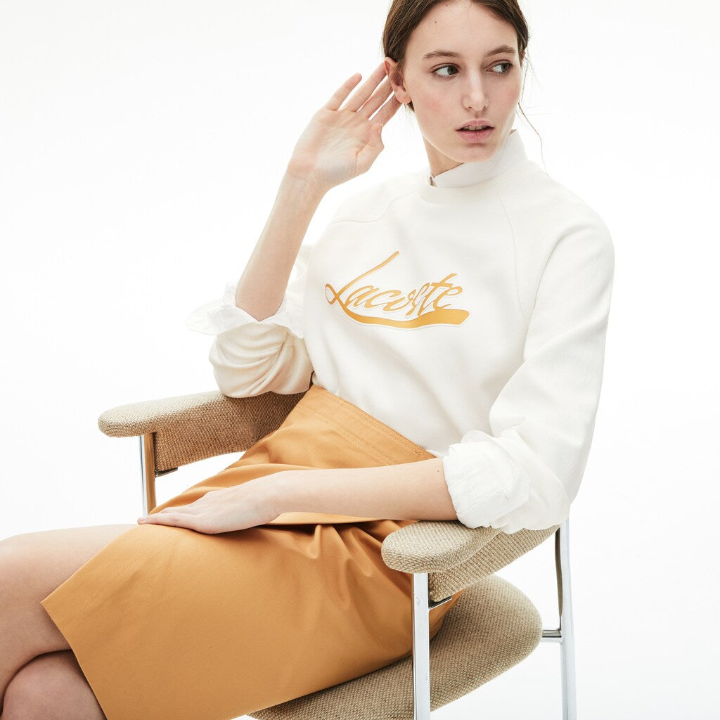 Womens Wo  Signature Print Crew Neck Sweatshirt | Lacoste White / Light Brown • R3G