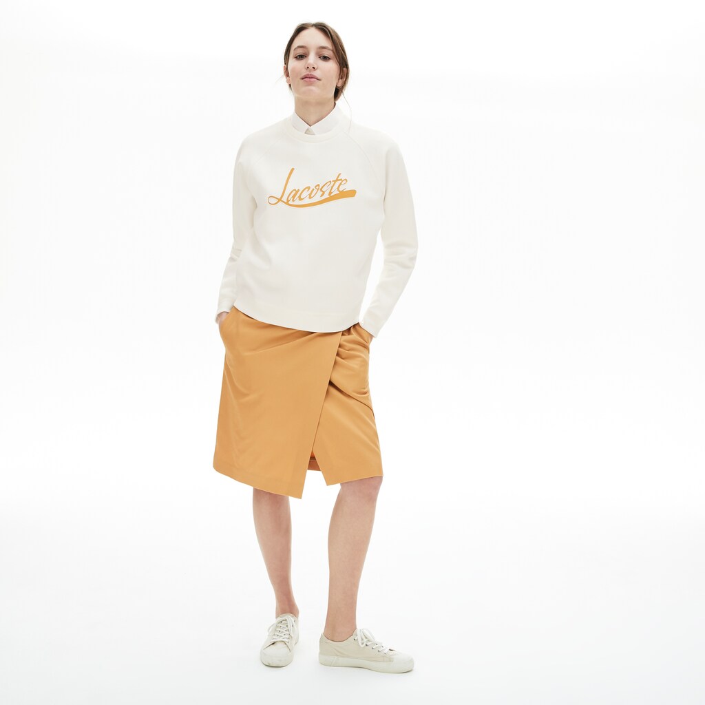Womens Wo  Signature Print Crew Neck Sweatshirt | Lacoste White / Light Brown • R3G