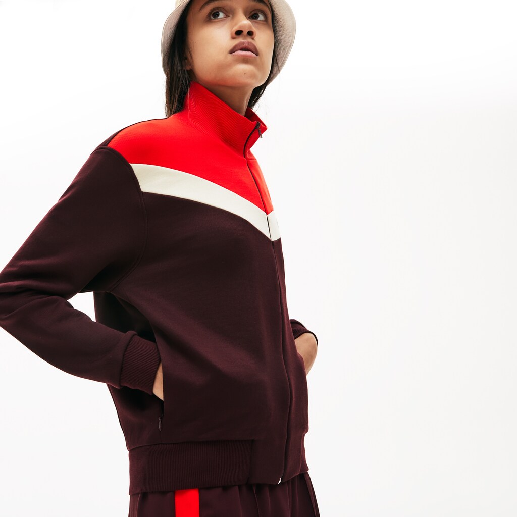 Womens Wo  Color-Block Fleece Zip Up Sweatshirt | Lacoste Bordeaux / Beige / Red • R9B