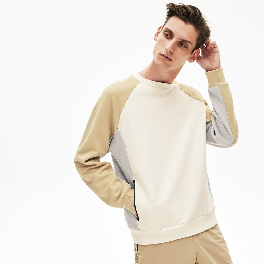 Mens   Motion Colorblock Crew Neck Sweatshirt | Lacoste White / Grey / Beige • Try
