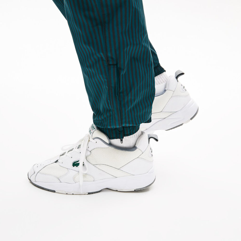 Mens   LIVE Lightweight Striped Track Pants | Lacoste Black / Green • Rwl