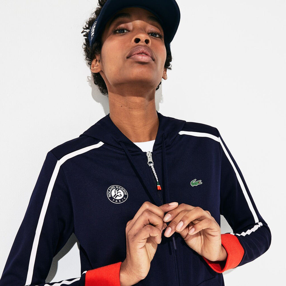 Womens Wo  SPORT Roland Garros Hooded Zip-Up Jacket | Lacoste Navy Blue / White / Red / Green • Yme