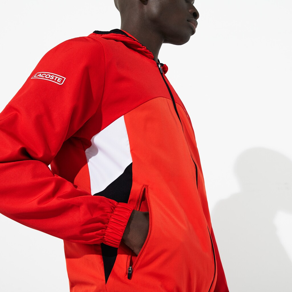 Mens   SPORT Hooded Colorblock Tracksuit | Lacoste Red / Black / White • Rrx
