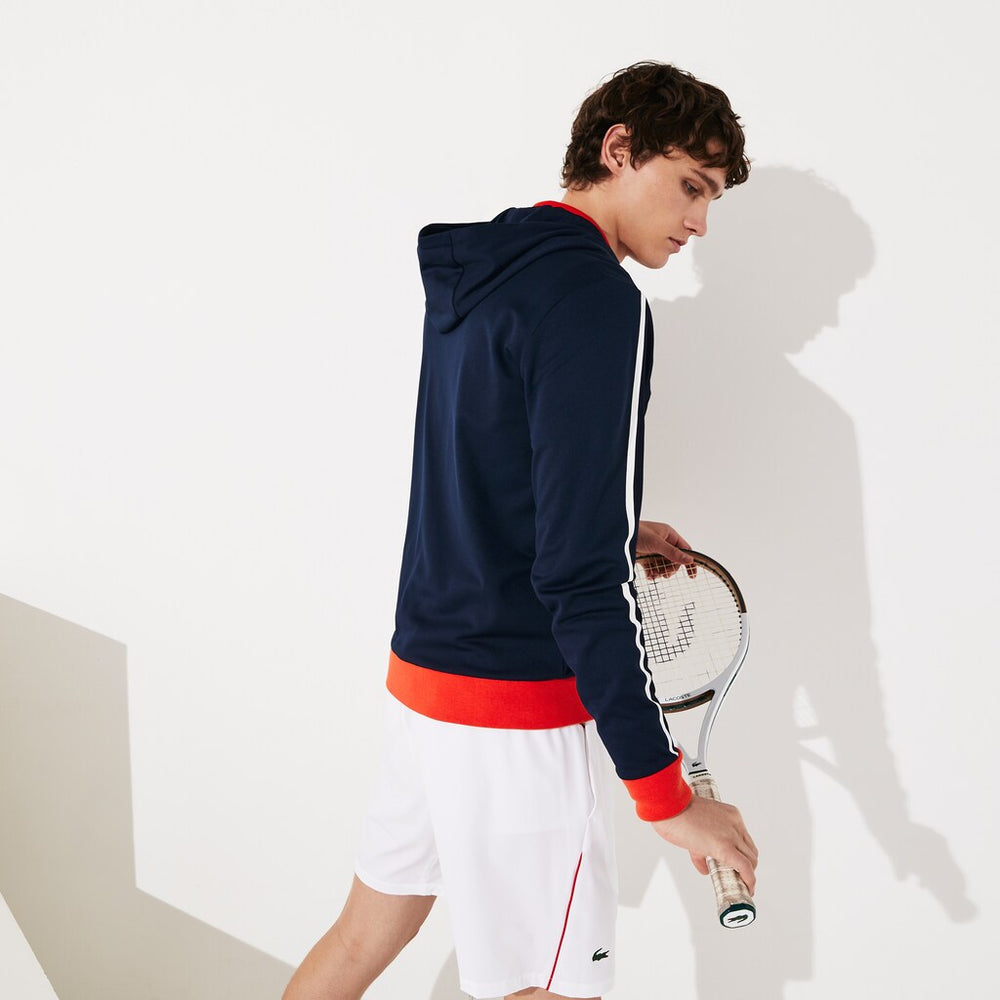 Mens   SPORT Roland Garros Hooded Zip-Up Jacket | Lacoste Navy Blue / White / Red / Green • Yme