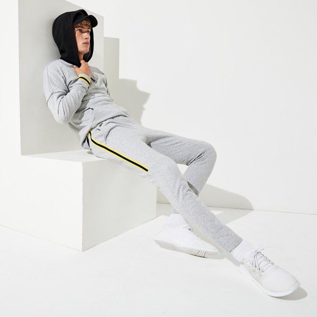 Mens   SPORT Racing Stripe Fleece Track Pants | Lacoste Grey Chine / Yellow / Black • Y7Y