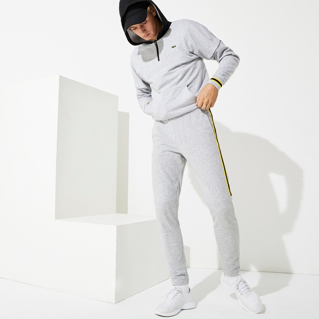 Mens   SPORT Racing Stripe Fleece Track Pants | Lacoste Grey Chine / Yellow / Black • Y7Y