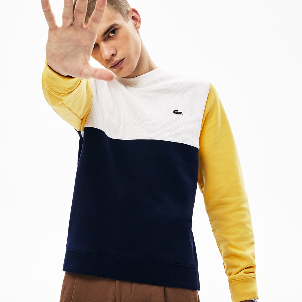 Mens   Regular Fit Colorblock French Terry Sweatshirt | Lacoste Navy Blue / White / Yellow • Sm6