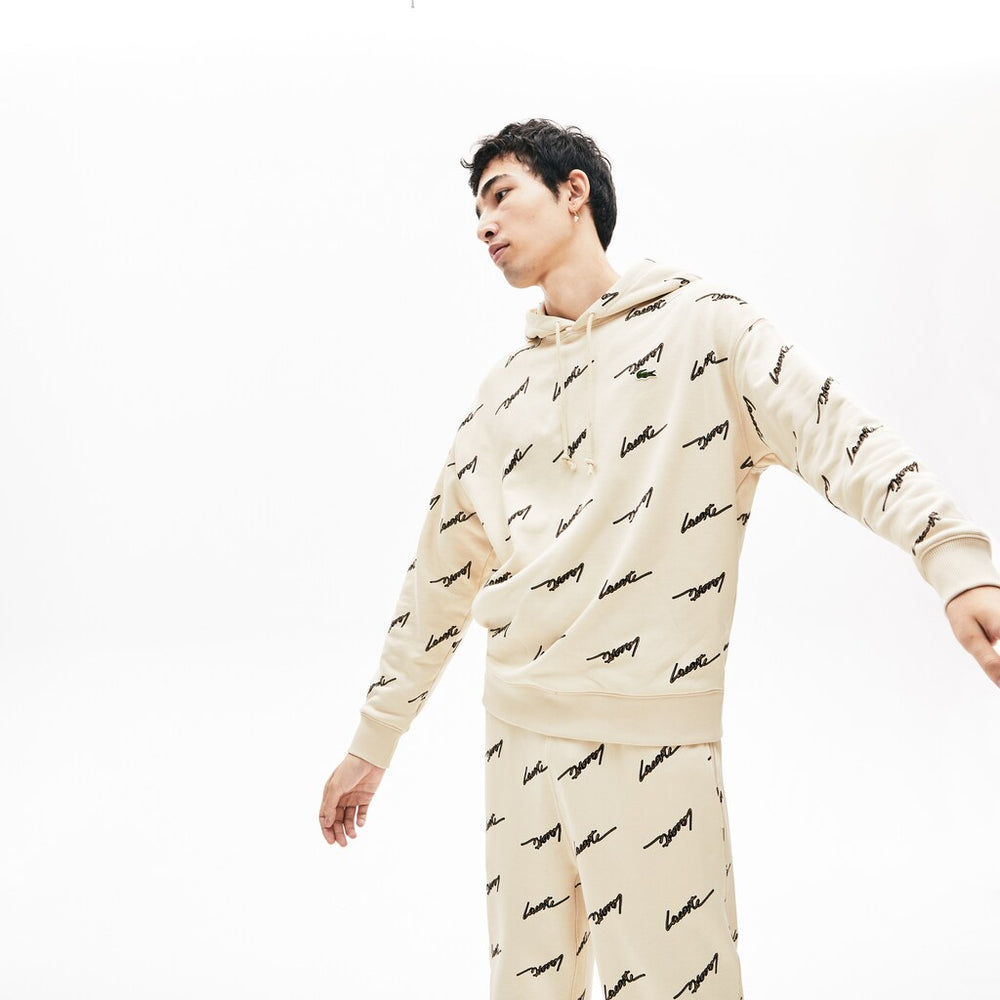 Mens   LIVE Hooded Print Fleece Sweatshirt | Lacoste Beige • Wgu