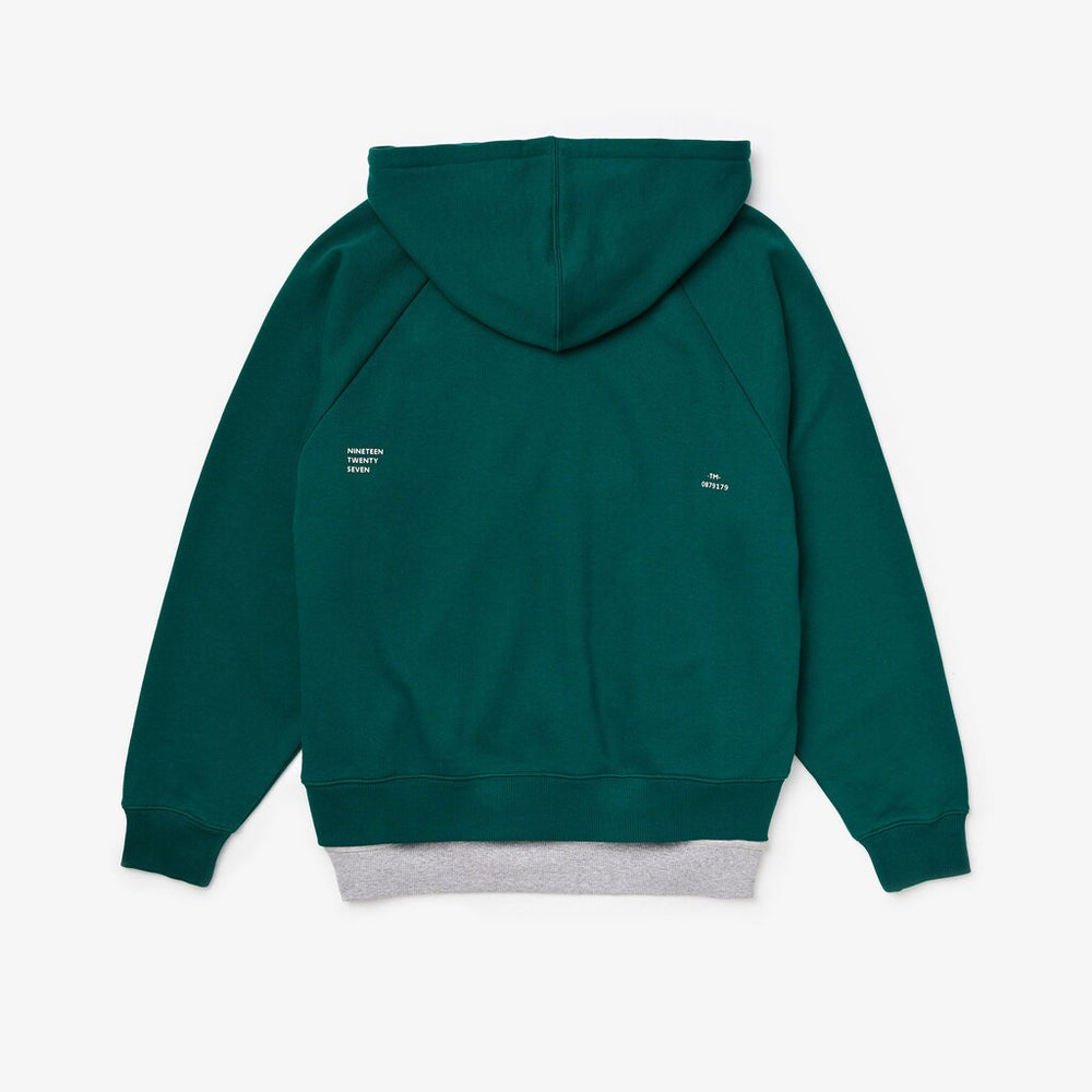 Mens   LIVE Hooded Layer Effect Fleece Sweatshirt | Lacoste Green / Grey Chine • Wd5