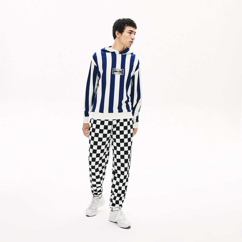Mens   LIVE Striped Fleece Hooded Sweatshirt | Lacoste White / Navy Blue • Qsf