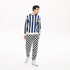 Mens   LIVE Striped Fleece Hooded Sweatshirt | Lacoste White / Navy Blue • Qsf
