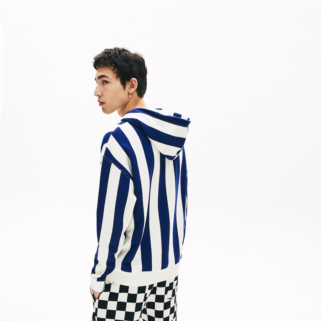 Mens   LIVE Striped Fleece Hooded Sweatshirt | Lacoste White / Navy Blue • Qsf