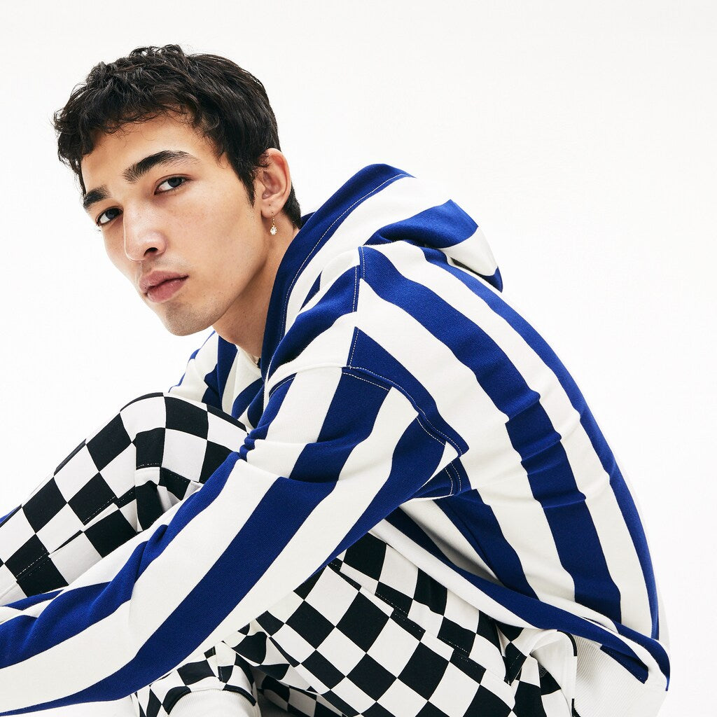 Mens   LIVE Striped Fleece Hooded Sweatshirt | Lacoste White / Navy Blue • Qsf