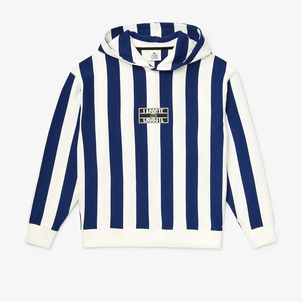 Mens   LIVE Striped Fleece Hooded Sweatshirt | Lacoste White / Navy Blue • Qsf