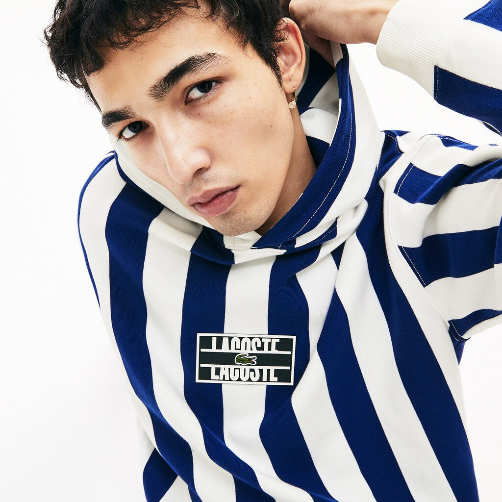 Mens   LIVE Striped Fleece Hooded Sweatshirt | Lacoste White / Navy Blue • Qsf