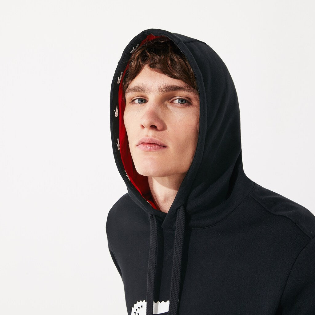 Mens   SPORT Oversize Croc Fleece Hoodie | Lacoste Black / Red / White • G54