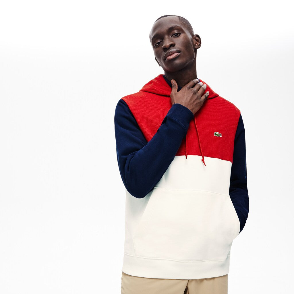Mens   Cotton-Piqué and French Terry Colorblock Sweatshirt | Lacoste White / Red / Navy Blue • Avj